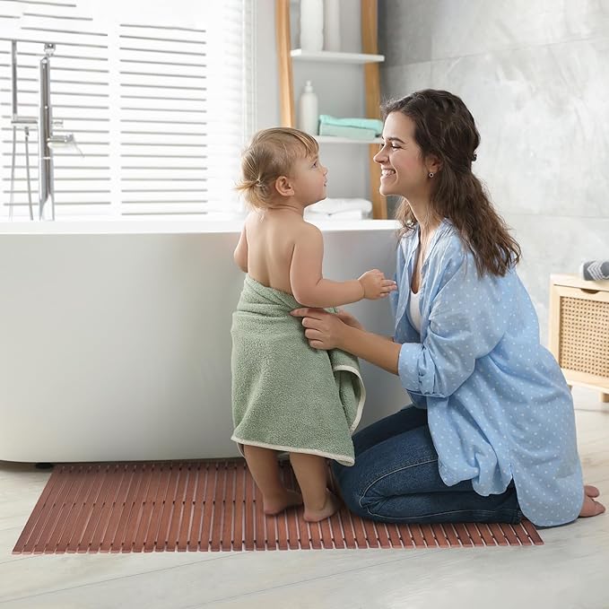 Bath Mat Bathroom Runner Long Large Rugs Floor Wood Shower Bathtub Waterproof Non Slip Accessories 16x34 Inch Easy to Clean, Natural, 1 pc