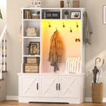 CSZZD White Hall Tree with Bench and Shoe Storage, Entryway Bench with Coat Racks and Led Lights, Farmhouse Tall Hall Tree with 7 Coat Hooks, 6 Storage Cubbies, Adjustable Shelf