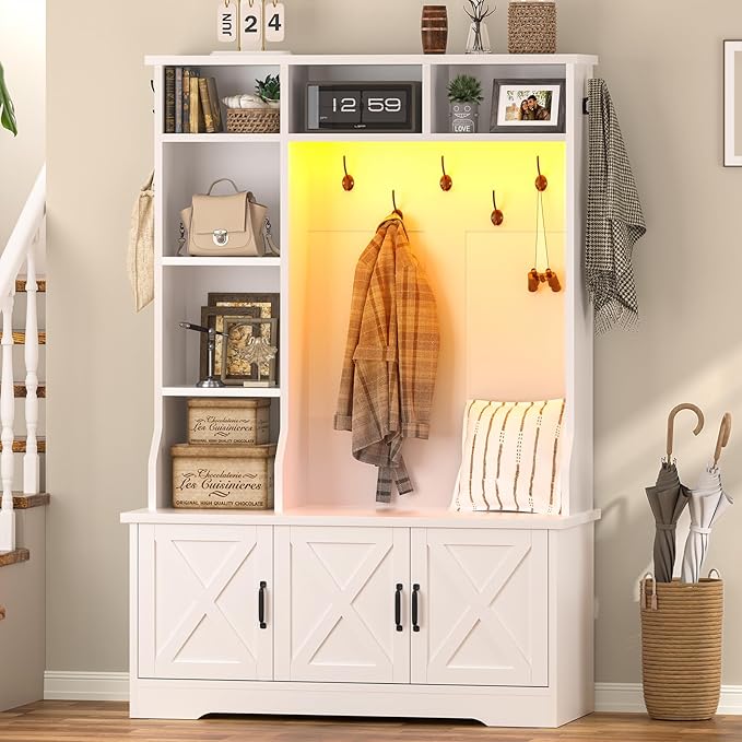 CSZZD White Hall Tree with Bench and Shoe Storage, Entryway Bench with Coat Racks and Led Lights, Farmhouse Tall Hall Tree with 7 Coat Hooks, 6 Storage Cubbies, Adjustable Shelf