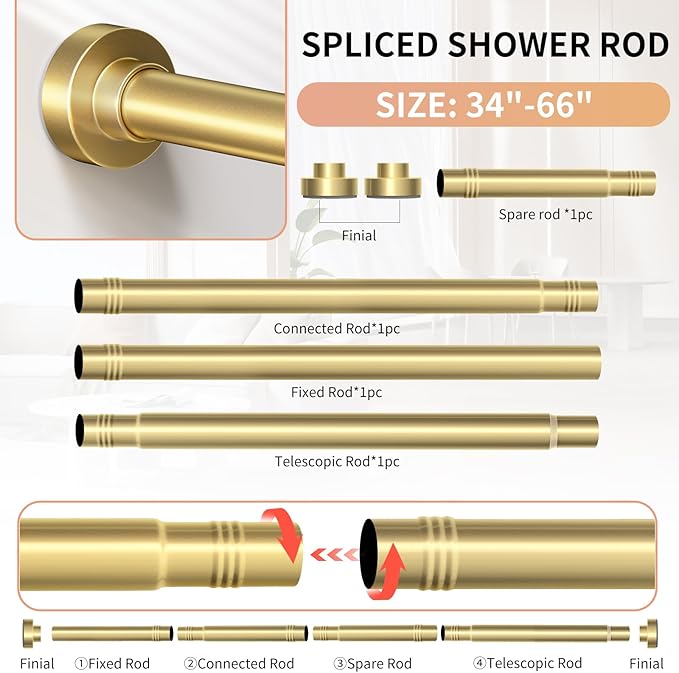 Gold Shower Curtain Rod 34-66 Inches(2.8-5.5ft) Never Rust Adjustable Shower Rod Spring Tension Non Slip No Drilling Shower Rods for Bathroom Garland Window