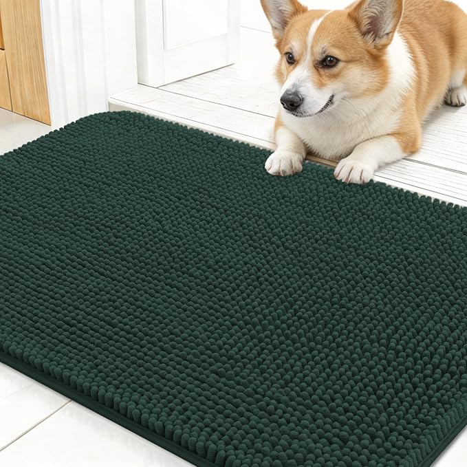 OLANLY Dog Door Mat for Muddy Paws 30x17, Absorbs Moisture and Dirt, Absorbent Non-Slip Washable Doormat, Quick Dry Chenille Mud Mat, Entry Indoor Entryway Carpet for Inside Floor, Blackish Green