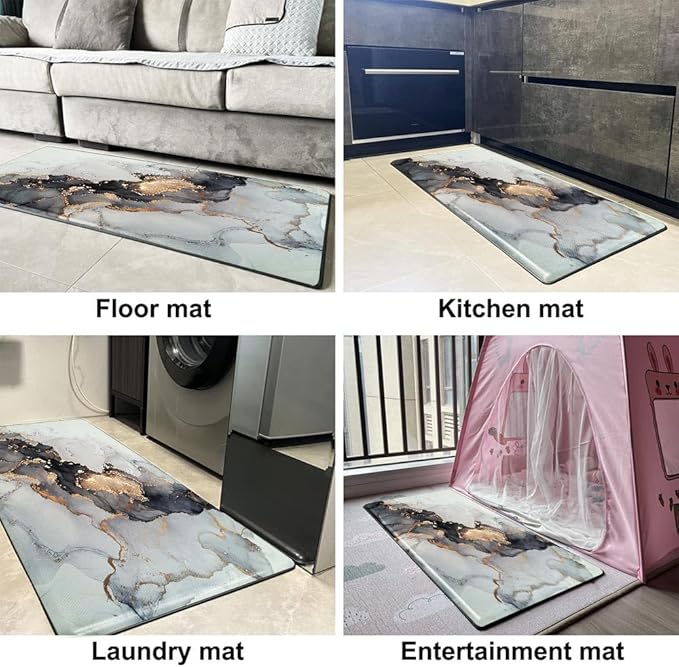 Mrcrypos Luxury Black and Gold Marble Kitchen Rugs PVC Leather Waterproof Non Slip Cushioned Standing Mats Anti Fatigue Kitchen Runner Rugs for Floor,Sink,Laundry,Office 23.5" W x 70" L