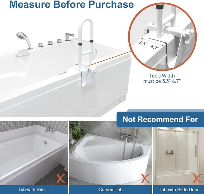 HEPO Adjustable Bathtub Safety Rail for Elderly, Tub Grab Bar for Bathroom, Assistance Bathtub Handle Clamp for Seniors Bath Handles Support and Fall Prevention, White