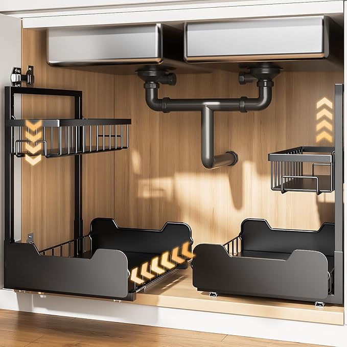 PureBox Under Sink Organizer, 2-Tier L-Shaped Pull Out Cabinet Shelf with 2 Installation Methods, Adjustable Sliding Storage Drawer for Kitchen, Bathroom, Laundry, Metal, Black, 2-Pack