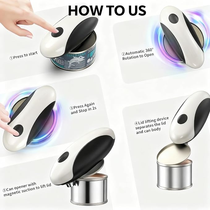 Electric Can Opener for Seniors & Arthritis - Rechargeable Automatic with One-Touch Open and Smooth Edge Cutting, Lid Remover, Food-Safe Stainless Steel Blade Easy to Use Hands-Free, Black