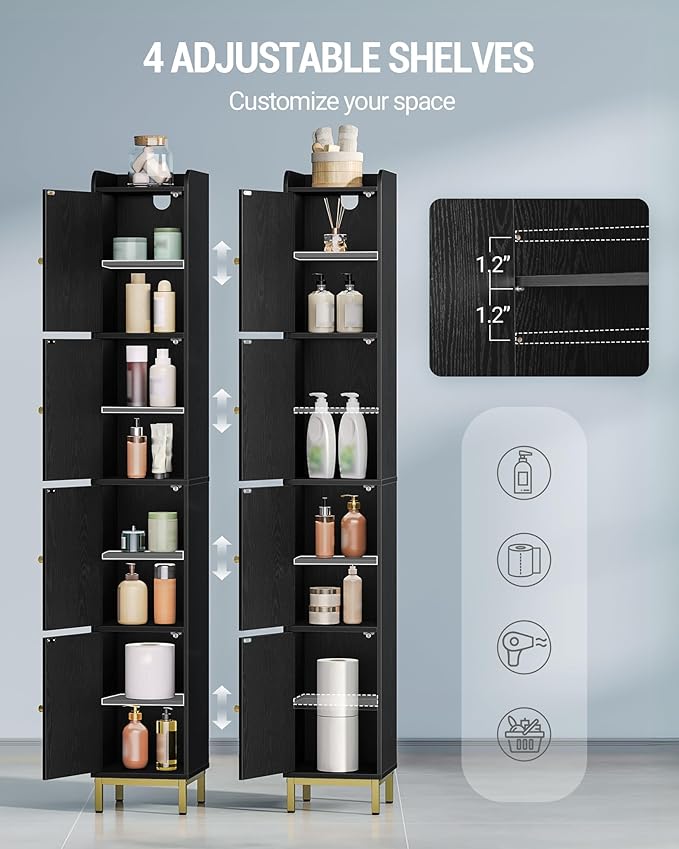 Hzuaneri 4-Tier Narrow Tall Storage Cabinet, Slim Bathroom Storage Cabinet with 4 Adjustable Feet and Shelves, Bathroom Organization for Small Space, Kitchen, Living Room, Laundry Room Black BC43304G