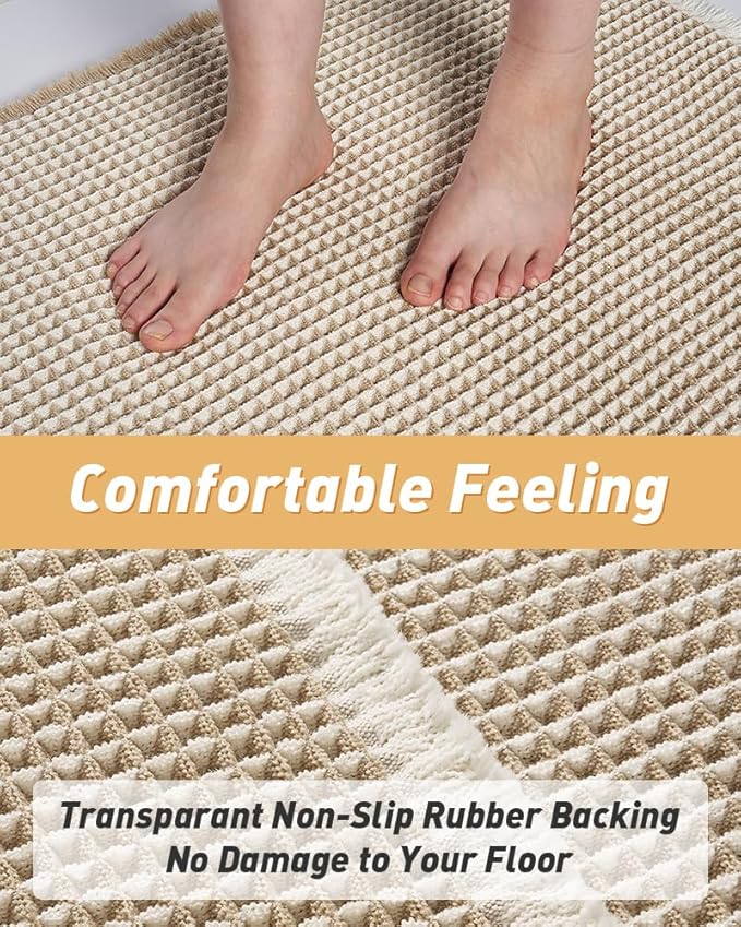 Upgraded Waffle Bath Mat Set of 2 Super Absorbent Non Slip Bath Mats for Bathroom, Washable Boho Bathroom Rugs Set 2 Pieces with Tassels, Soft Bathroom Mat Set, Brown & Cream, 18" x 30" Plus 24" x 48"
