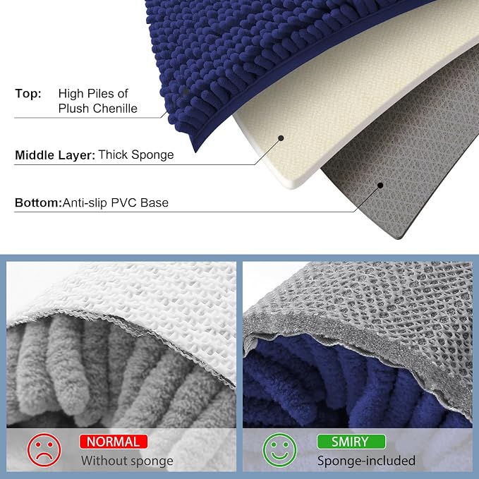 Smiry Luxury Chenille Bathroom Rugs 24x16, Extra Soft and Absorbent Shaggy Bath Mat, Machine Washable, Non-Slip Plush Carpet Runner for Tub, Shower, and Floor, Home Decor Accessories, Deep Blue