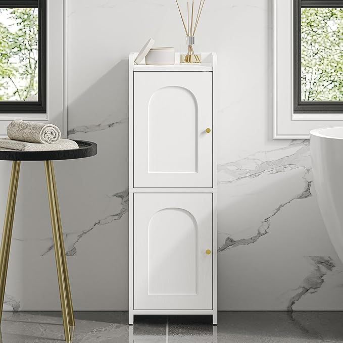 Hzuaneri Bathroom Storage Cabinet, Small Corner Floor Cabinet with 2 Doors and Adjustable Shelf, Narrow Toilet Paper Cabinets, Bathroom Organizer for Small Spaces, 7.9" D x 9.8" W x 29.5" H White