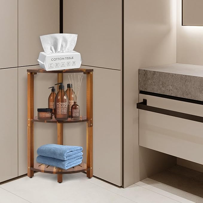 IBosins Corner Shower Caddy Standing 3-Tier Bathroom Shower Stool Shelf for Inside Shower Natural Acacia Wood Organizer & Storage for Bedroom Living Room Kitchen