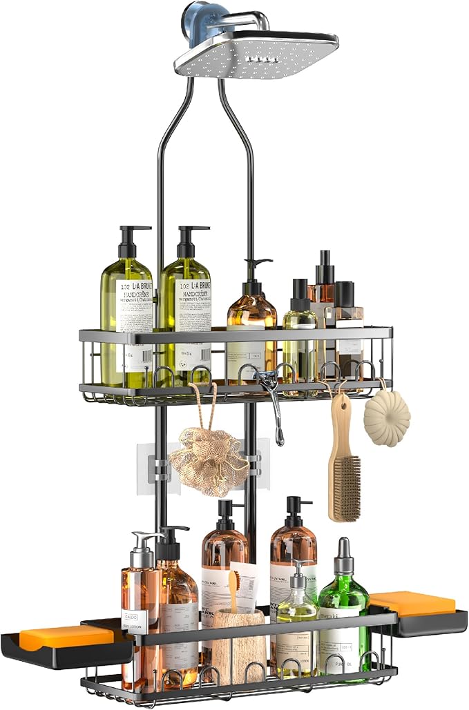 Skyapex Shower Caddy Hanging Over Shower Head, Adjustable Black Bathroom Organizer for Inside Shower, Rust-Resistant Stainless Steel Caddy with 2 Baskets, Hooks & Soap Dish for Tall Bottles