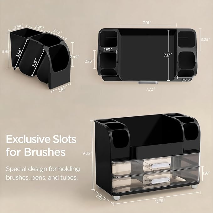 HBlife Makeup Organizer for Vanity with Brush Holder, Cologne Organizer for Men, Large Bathroom Countertop Cosmetic Organizer Skin Care Storage, Easy to Store Lipsticks, Nail Polishes, Perfumes, Black