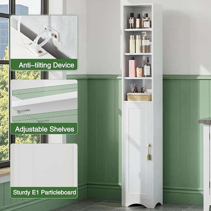 VECELO 71" Tall Narrow Storage Cabinet, Bathroom Storage Slim Freestanding Cabinet with Door & 6 Adjustable Shelves, Anti-Tip Design for Small Space, Kitchen, Living Room, White