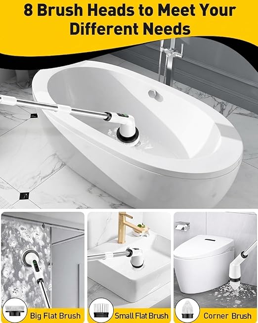 Shower Scrubber with Long Handle, Shower Cleaner Brush with 8 Floor Machine Pads, Cordless Electric Spin Scrubber for Cleaning with 2 Speed, Cleaning Supplies for Bathroom Bathtub Kitchen Floor Tile