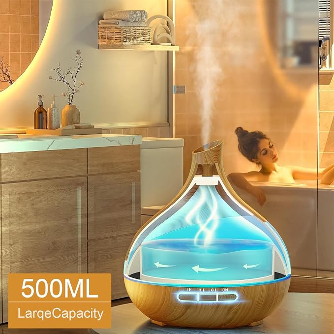 Essential Oil Diffuser for Women, 500ml Aromatherapy Diffuser:14-Color LED, Dual Mist 30/60ml/h, Remote Control, Auto Shut-Off, Hotel Spa Bedroom Minimalist (Wood Grain)