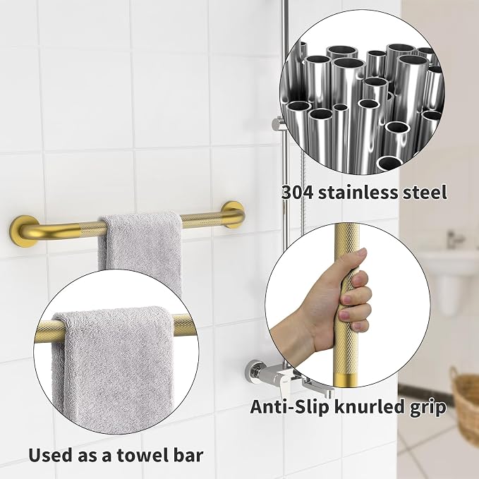 Brushed Gold Grab Bar 24 Inch, iHansee Anti-Slip Bathroom Grab Bar w/Knurled Grip, Stainless Steel Safety Handrail for Toilet Bathtub, Wall Mounted Shower Handle Handicap Bars for Senior Elderly