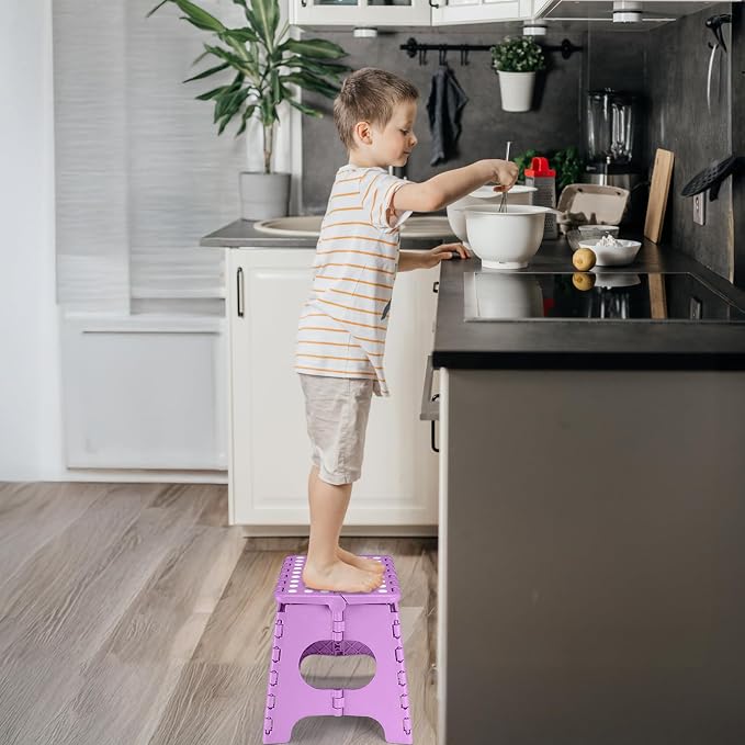 Delxo 11 inch Folding Step Stool, Non-Slip Foldable Stools Up to 300 LBS, Step Stool with Handle, Lightweight for Kitchen, Bathroom, Bedroom, Garden, Light Purple, 1PC