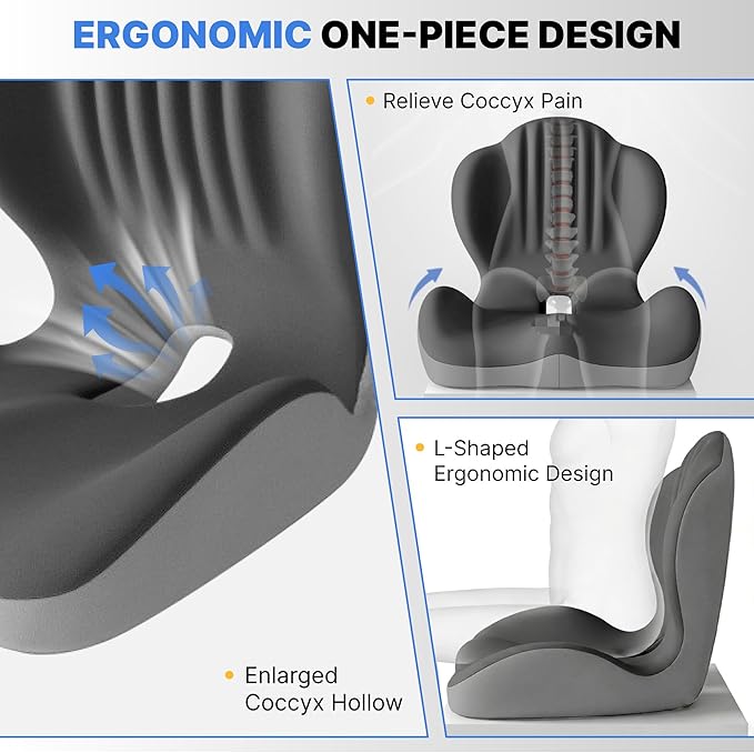 Ergonomic Seat Cushion, Office Chair Seat Cushions with L-Shaped Integrated Design, Memory Foam Orthopedic Cushion with Coccyx Hollow, Lumbar Support & Tailbone Pain Relief for Long Sitting (Grey)