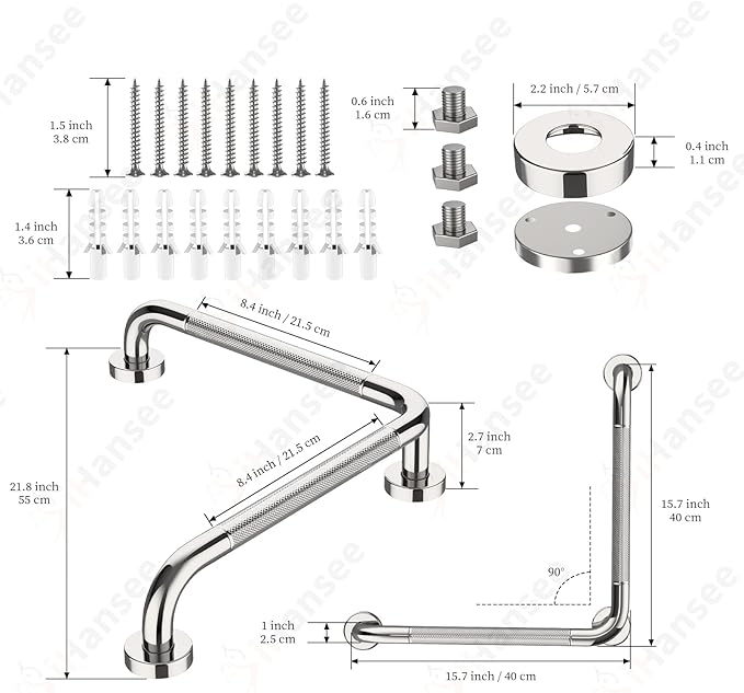 L-Shaped Angled Grab Bar 16x16 Inch Chrome Anti-slip Knurled Shower Handle Wall Mount, Stainless Steel Shower Bars Safety for Seniors Injured Balance Support, Handicap Grab Bars for Bathtubs & Showers