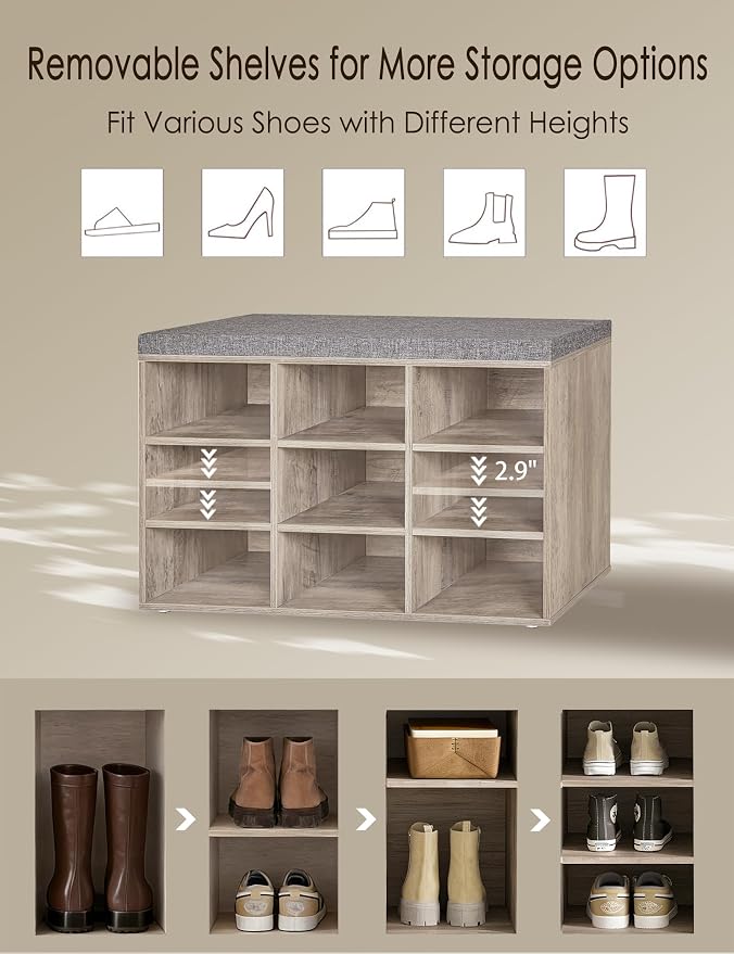 DINZI LVJ Shoe Bench, 9 Cubbies Shoe Organizer for Entryway, Storage Bench with Cushion, Cubby Shoe Rack with Adjustable Shelves for Living Room, Bedroom, Mudroom, Hallway, Greige