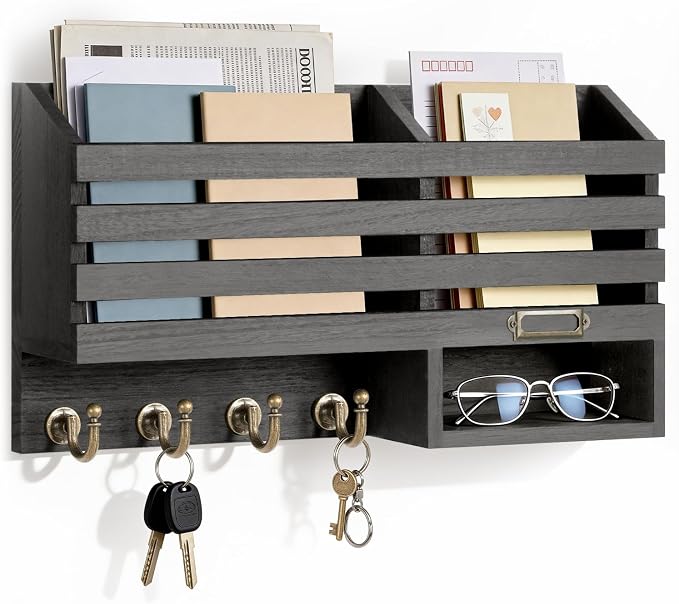 FifthQuarter Key Holder for Wall: Easy Mounted Key Rack and Mail Organizer with Store Shelf and Four Sturdy Keys Hooks Decor in Kitchen|Farmhouse|Entryway|Mudroom (Black)