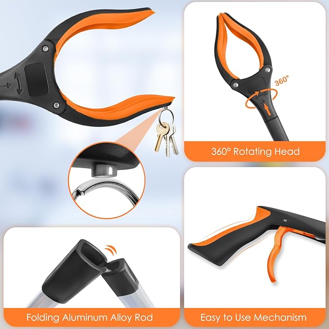 32" Grabber Reacher Tool, 2-Pack Foldable Reacher Grabber Pickup Tool with 360° Anti-Slip Rotating Jaw & Magnet, Mobility Aid Reaching Assist Tool for Trash Pick Up, Lightweight Grabber Tool