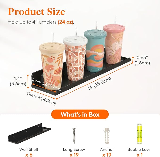 Lifewit Floating Shelves for Wall, Acrylic Display Shelf Wall Mounted for Figure, Car, Art, Book, 14" Perfume Organizer for Bathroom, Bedroom, Living Room, Nursery, Home Decor, Black, 6 Pack
