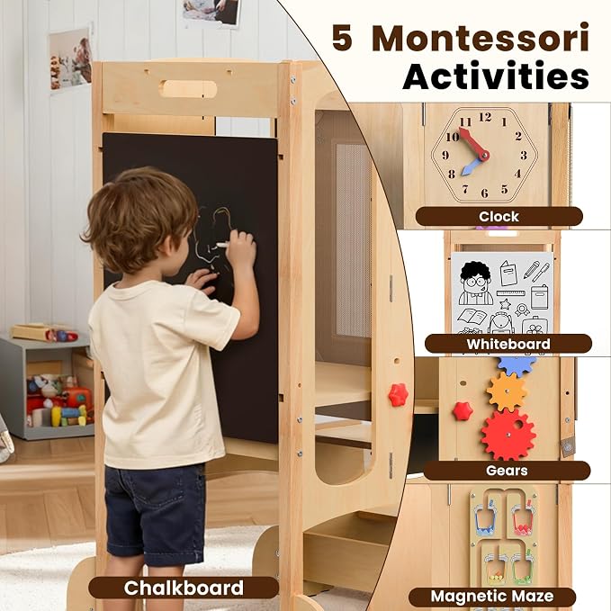 JUZBOT Toddler Tower- Foldable Wooden Kitchen Stool Helper with Safety Net, Anti-Tip Base, Detachable Step, Chalkboard & Whiteboard, 150lb Capacity, Montessori Gift for Kids 18M-5Y