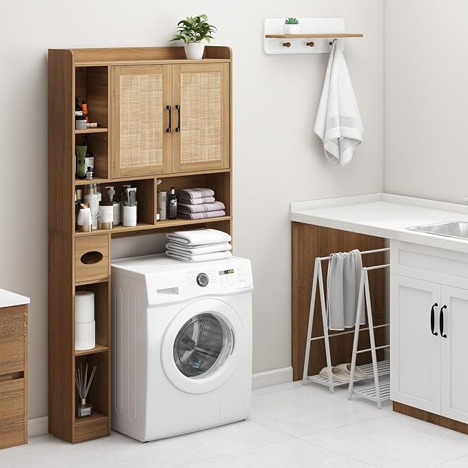 Vabches Farmhouse Rattan Storage Cabinet Over Toilet - 2 Door with Toilet Paper Holder - Space-Saving for Bathroom, Oak