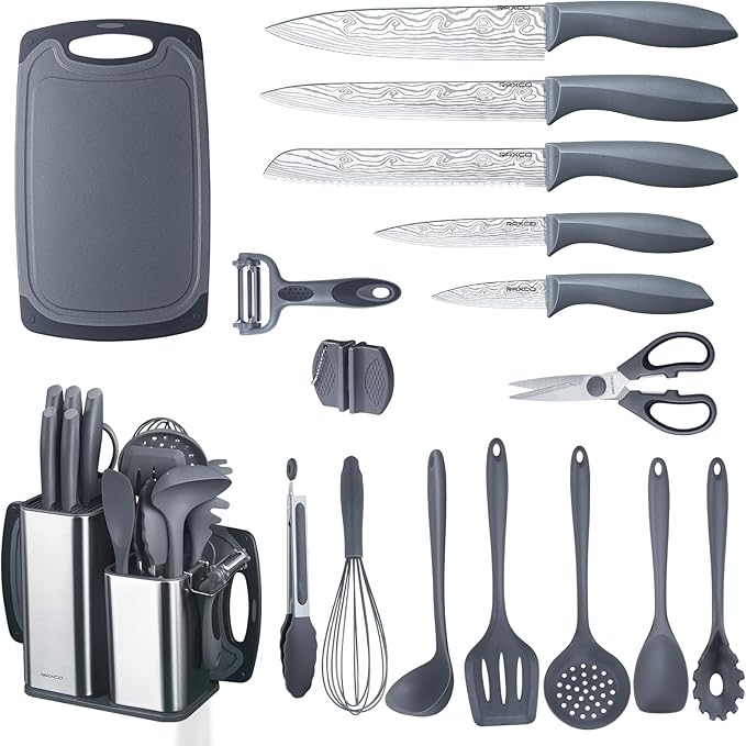 RAXCO Kitchen Set,18-Piece Cooking Utensils and Kitchen Knife Set,Gray | 7-Piece Kitchen Utensils Heat-resistant to 410°F,5-Piece Sharp Knife,5-Piece Cooking Tools and Cutting Board In One
