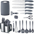 RAXCO Kitchen Set,18-Piece Cooking Utensils and Kitchen Knife Set,Gray | 7-Piece Kitchen Utensils Heat-resistant to 410°F,5-Piece Sharp Knife,5-Piece Cooking Tools and Cutting Board In One