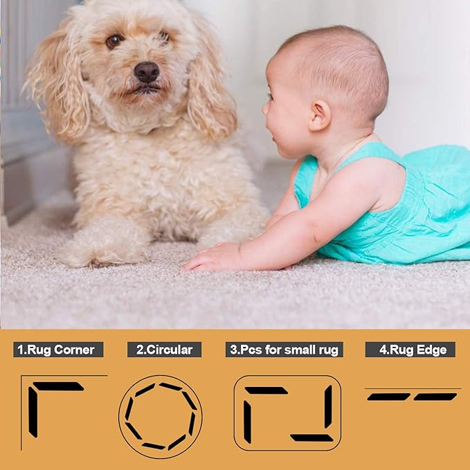 16 Pcs Rug Tape, Dual Sided Washable Removable Prevent Curling Rug Corner Holder, Keep Rug in Place Non Slip Adhesive Rug Stopper for Hardwood Floors and Tile