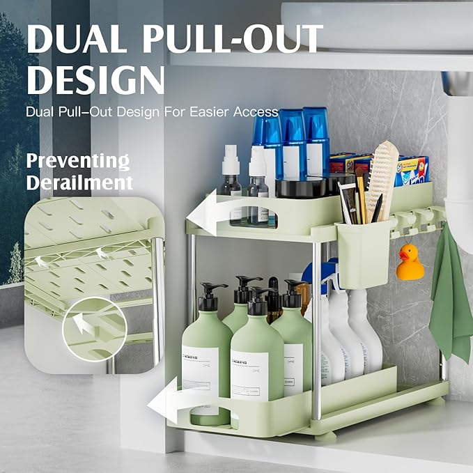 VERIFOST Under Sink Organizer, 2 Pack Under Kitchen Bathroom Cabinet Organizer, 2 Tier Under Bathroom Kitchen Sink Organizer, Adjustable Height Bathroom Kitchen Cabinet Organizers and Storage, Green