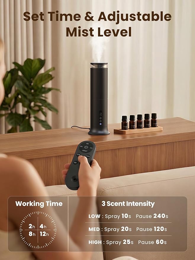 Waterless Diffuser with 5 Hotel-inspried Scent Oil Set - Cold Air Diffuser Up to 2000 Sq.ft for Large Home Office Hotels and Spas, Remote & Panel Control, 4 Timer 3 Scent Intensity Models, 3.4 fl oz