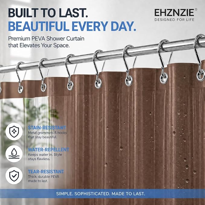 EHZNZIE Brown Shower Curtain Liner 72x72, PEVA Waterproof Bath Curtain, No Chemical Smell, 3 Weighted Magnets, Durable with Rustproof Metal Grommets