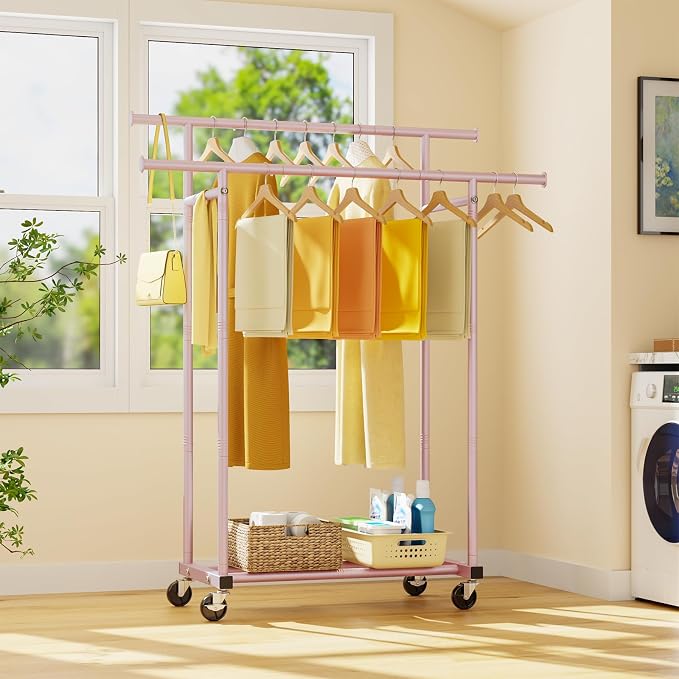 HYSEYY Double Rods Clothes Rack, Sturdy Rolling Clothing Rack, Portable Clothing Racks for Hanging Clothes - Metal Garment Rack Wardrobe Coat Rack for Bedroom Laundry Living Room, Pink