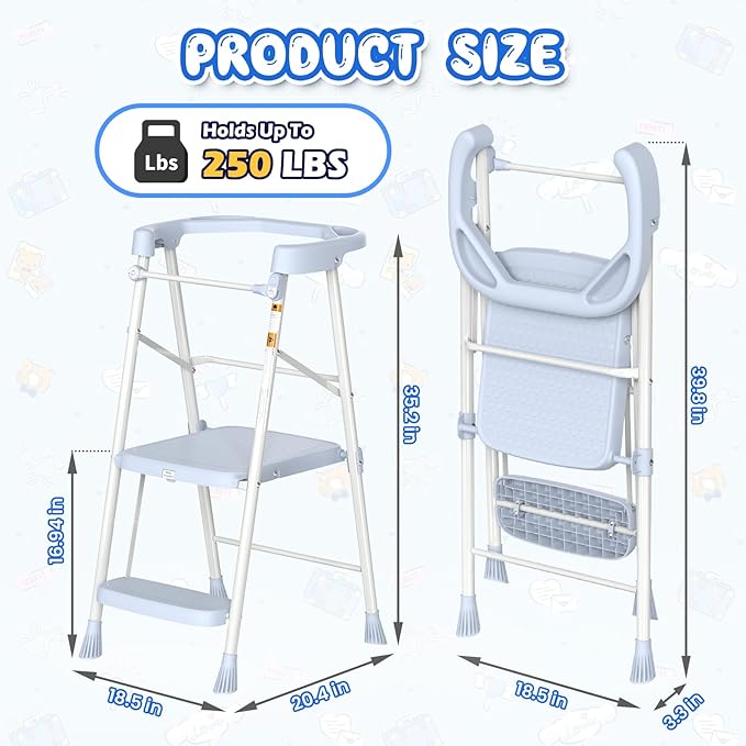 HBTower Kids 2 Steps Step Stool,Toddler Tower for Kitchen Counter Learning,Toddler Kitchen Stool Helper with Anti-Drop Safty Railing Kids Standing Folding Stepper(Blue)
