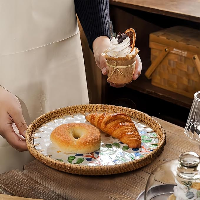 Round Rattan Tray with Mother of Pearl Inlay, Decorative Wicker Serving Tray with Wooden Base, Woven Basket Trays for Bread Fruits Coffee