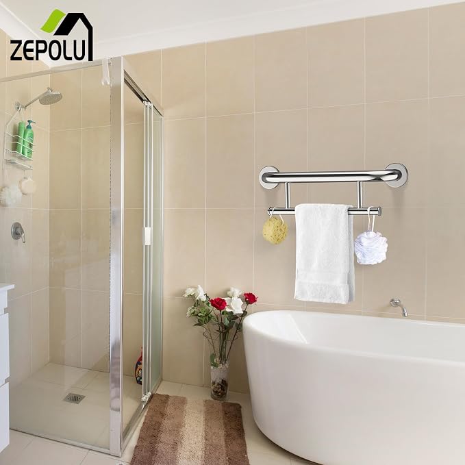 Polished Chrome Grab bar 17 inch - 1.25” Diameter, Zepolu 2-in-1 Bath Towel Bars for Bathroom, Stainless Steel Safety Assist Balanced Support Handle, Wall Mounted Towel Grab Bars for Senior Handicap