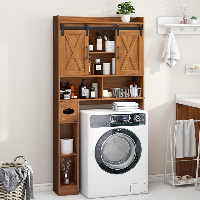 Vabches Over The Toilet Storage Cabinet, Farmhouse Storage Cabinet Over Toilet with Sliding Doors，Home Space-Saving Toilet Rack, for Restroom, Bathroom, Laundry,Caramel