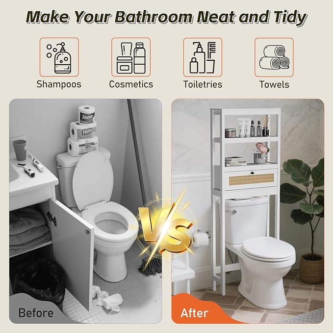 Over The Toilet Storage Cabinet, 3-Tier Bathroom Organizer with Rattan Door, Wooden Space Saver for Restroom, Bathroom, Laundry
