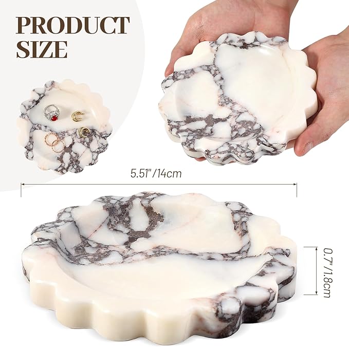 Koville 5.51" Scalloped Calacatta Viola Marble Tray, Round Stone Jewelry Trinket Dish for Ring, Natural Small Marble Tray for Bathroom Kitchen Dresser Countertop, Decorative Candle Tray