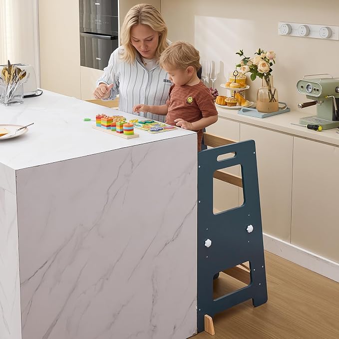 WOOD CITY Kitchen Step Stool - Safe Montessori Standing Tower for Kids with Safety Rail, Height Adjustable Toddler Ideal Helper for Learning New Skills, Anti-Slip Protection for Bathroom - Deep Blue