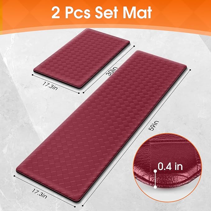 TranquilRelax Kitchen Mats, 2PCS Kitchen Rugs, Cushioned Anti Fatigue Kitchen Mats for Floor, Non-Slip Standing Desk Mat, Waterproof Kitchen Rug Set for Kitchen Floor Office,17.3"×30"+17.3"×59" Red