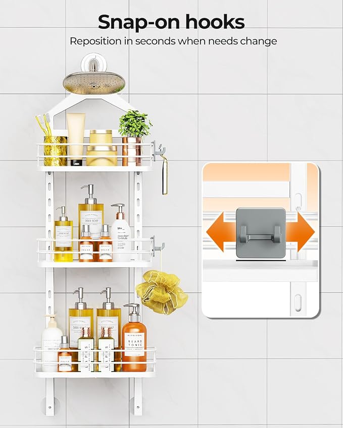 ODesign 3 Tier Height-Adjustable Shower Caddy Hanging Anti-Swing-Over The Shower Head Caddy-Storage Organizer Bathroom Shelves Basket - White