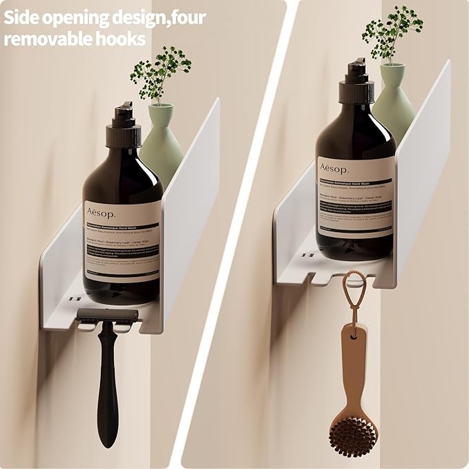 REKITA No Drill Shower Shelf Organizer, 40cm Stainless Steel Bathroom Storage with 4 Removable Hooks, Adhesive Wall Mounted Shower Caddy, Rustproof Bath Shelf for Bathroom Kitchen Living Room