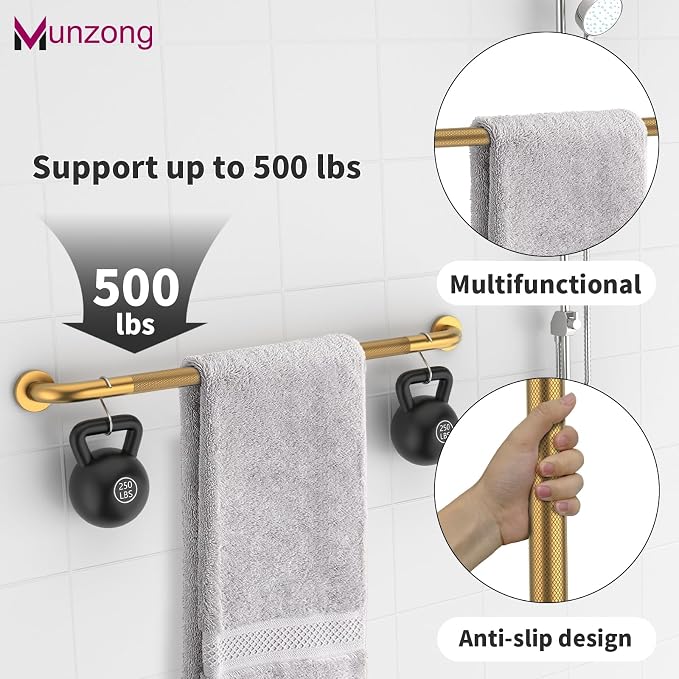 3 Pack Anti Slip Safety Grab Bar Bundle, Munzong 12" 16" 16" Gold Commercial Bathroom Grab Bar, Shower Balance Bar, Handicap Stainless Steel Hand Rail for Elderly Injury Senior Assist Bath Handle