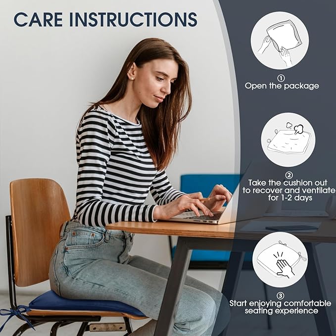 TushGuard Chair Cushions, 4 Pack Memory Foam Chair Pads, Seat Cushion, Kitchen Chair Cushions Set of 4, Anti-Slip Backing & Fixed Straps, Navy Blue