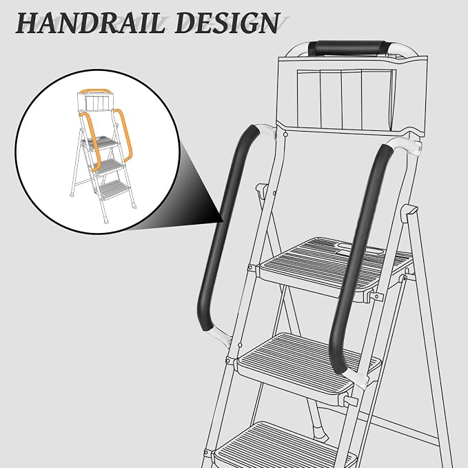 3 Step Ladder with Handrails & Attachable Tool Bag, 500 lbs Folding Step Stool Ladder, Wide Non-Slip Pedal for Kitchen Pantry Home Office, White