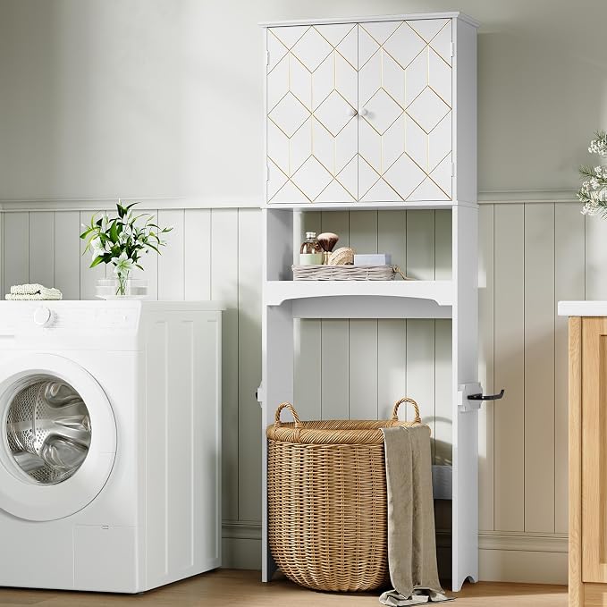 Gold Trim Over The Toilet Storage Cabinet, Double Doors Over Toilet Bathroom Organizer with Adjustable Shelves and Toilet Paper Holder, Modern Over Toilet Storage Cabinet for Bathroom (White)